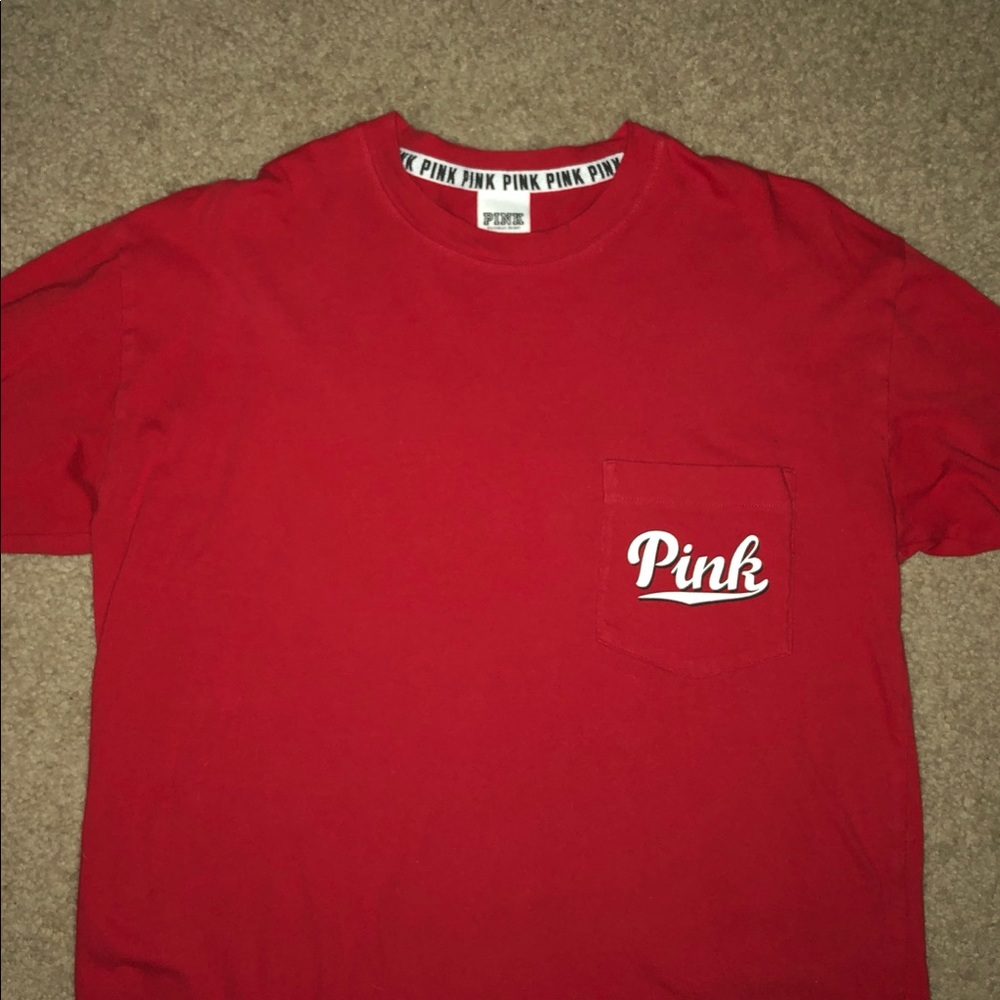 PINK Red Long Sleeve Pocket T-Shirt